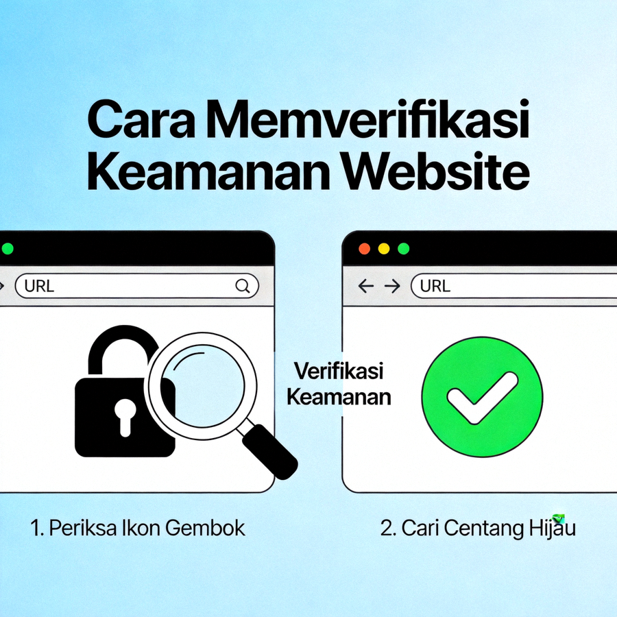 Ilustrasi cara memverifikasi keamanan sebuah website dengan ikon gembok dan centang hijau