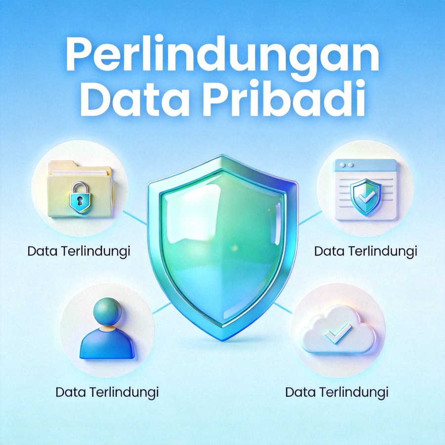 Ilustrasi perlindungan data pribadi dengan perisai dan ikon data yang terlindungi