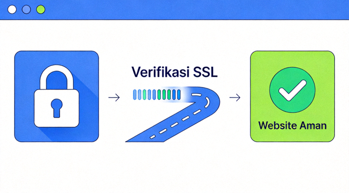 Ilustrasi grafis tentang proses verifikasi keamanan sebuah website, menunjukkan ikon gembok dan centang hijau