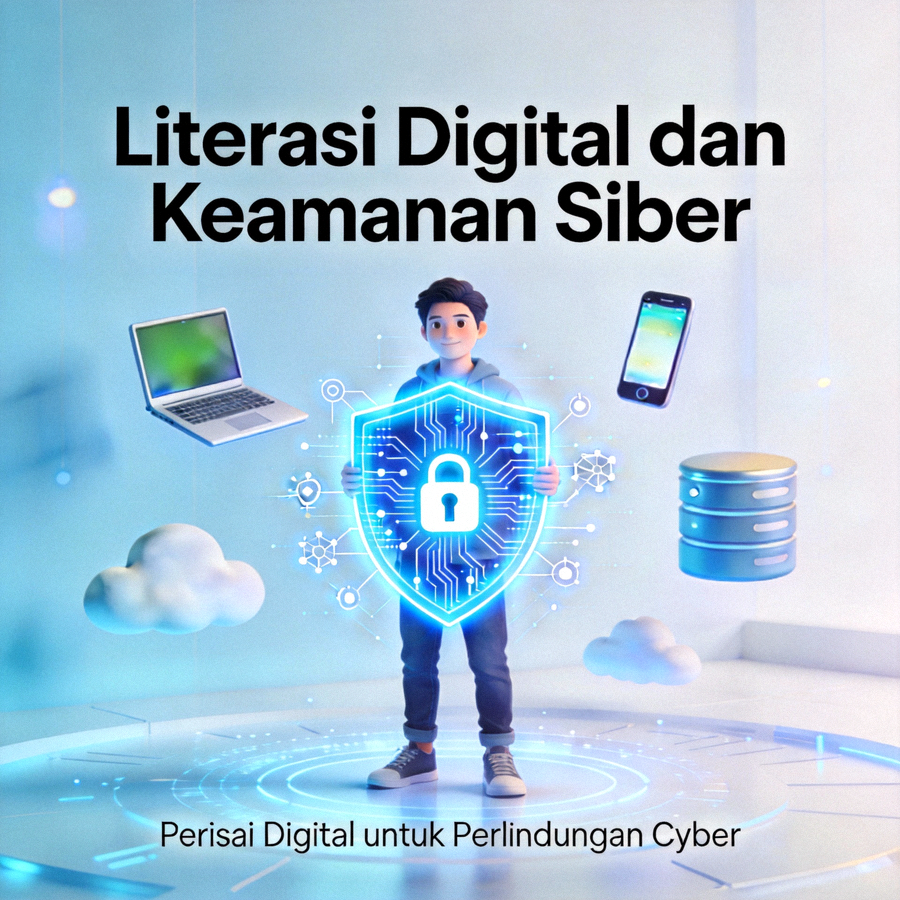 Ilustrasi tentang literasi digital dan keamanan siber, menunjukkan orang yang terlindungi oleh perisai digital