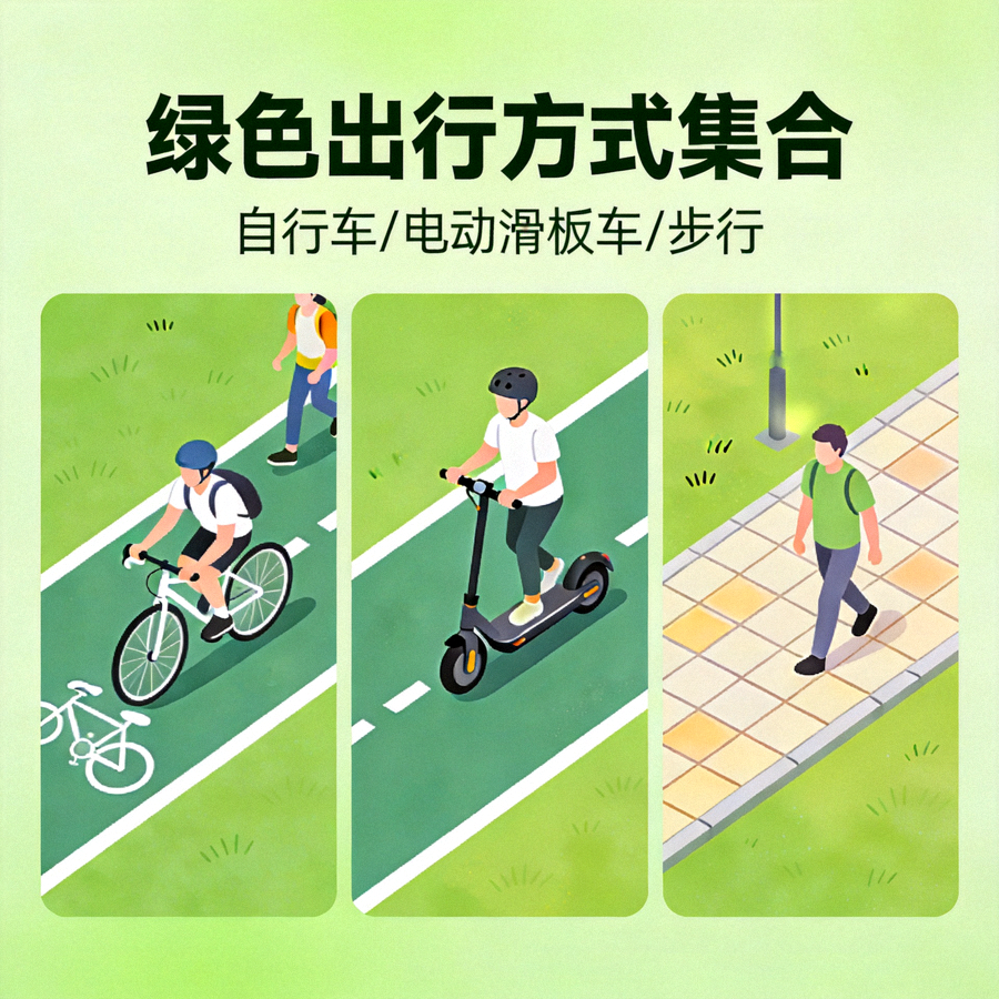 绿色出行方式集合，包括自行车、电动滑板车和步行道路
