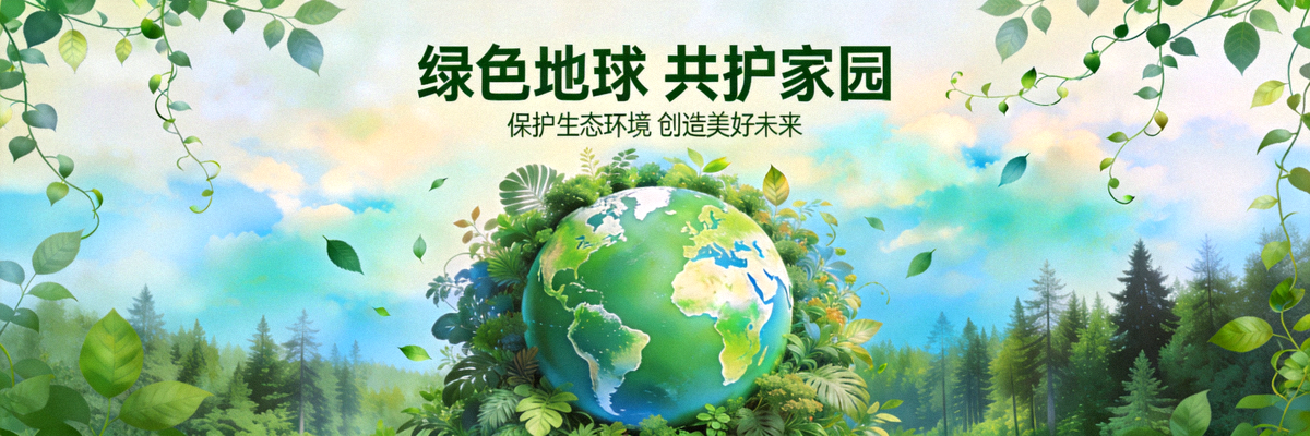 绿色地球宣传横幅，展示地球被植物和森林环绕的美丽景象