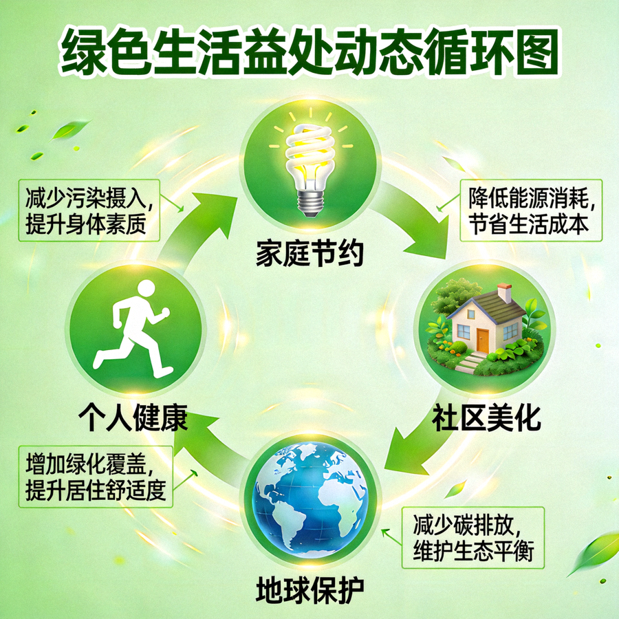 绿色生活益处动态信息图，展示个人健康、家庭节约、社区美化、地球保护之间的正向循环