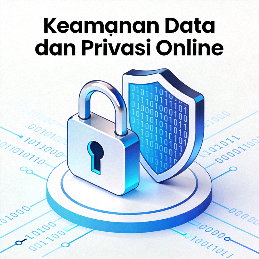Ilustrasi konsep keamanan data dan privasi online dengan ikon gembok dan perisai