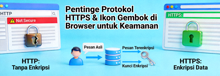 Animasi penjelasan visual tentang pentingnya protokol HTTPS dan ikon gembok di browser untuk keamanan
