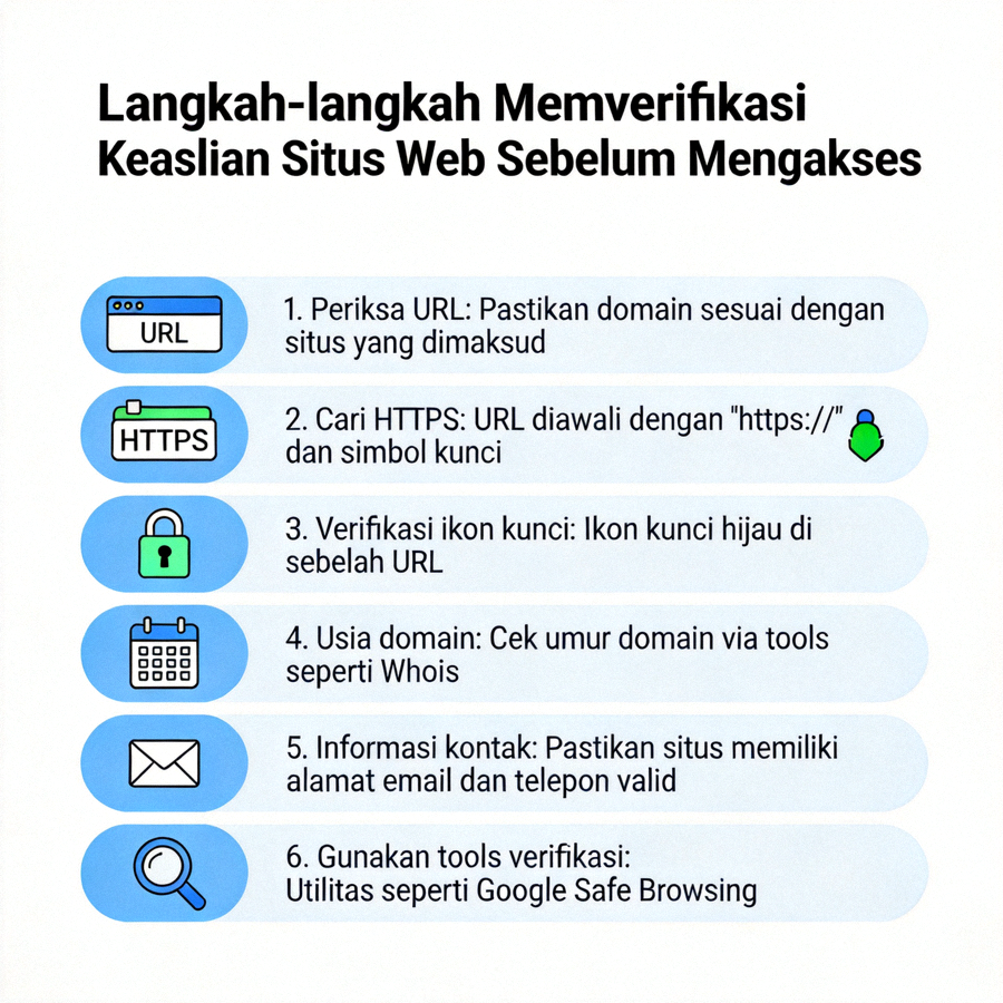 Infografis langkah-langkah memverifikasi keaslian sebuah situs web sebelum mengakses