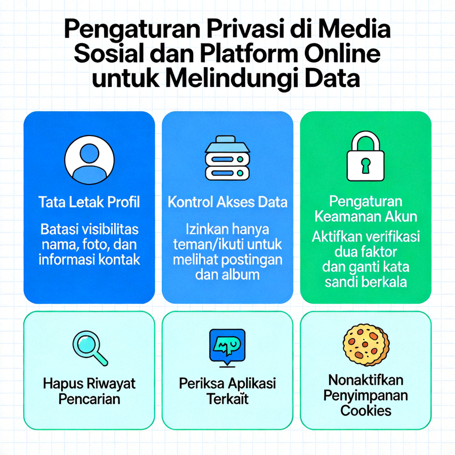 Infografis pengaturan privasi di media sosial dan platform online untuk melindungi data
